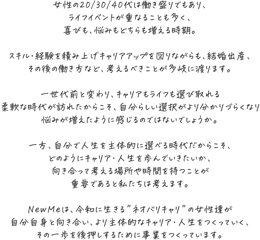 女性の20/30/40代は働き盛りでもあり、ライフイベントが重なることも多く、喜びも、悩みもどちらも増える時期。スキル・経験を積み上げキャリアアップを図りながらも、結婚出産、その後の働き方など、考えるべきことが多岐に渡ります。一世代前と変わり、キャリアもライフも選び取れる柔軟な時代が訪れたからこそ、自分らしい選択がより分かりづらくなり悩みが増えたように感じるのではないでしょうか。一方、自分で人生を主体的に選べる時代だからこそ、どのようにキャリア・人生を歩んでいきたいか、向き合って考える場所や時間を持つことが重要であると私たちは考えます。NewMeは、令和に生きる“ネオバリキャリ”の女性達が自分自身と向き合い、より主体的なキャリア・人生をつくっていく、その一歩を後押しするために事業をつくっています。